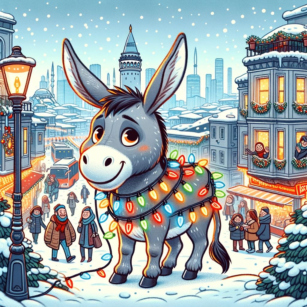 An illustration of a donkey in a city with Christmas lights in Turkey.