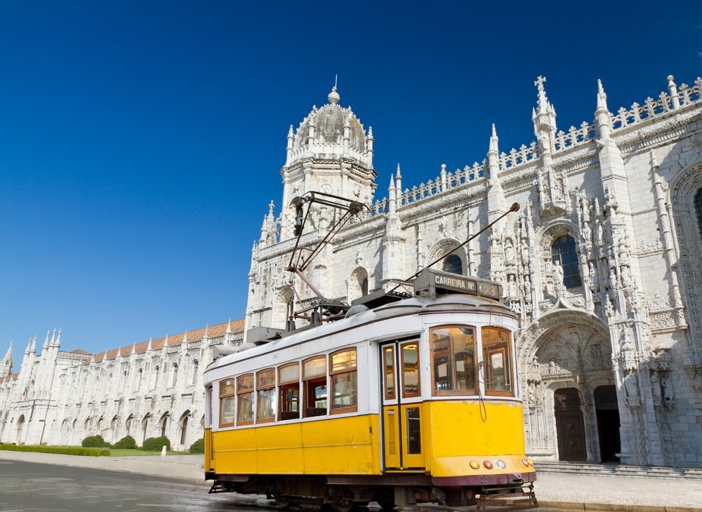 Turkey or Portugal - Yellow tram of Lisbon at Jeronimos monastery, Portugal
