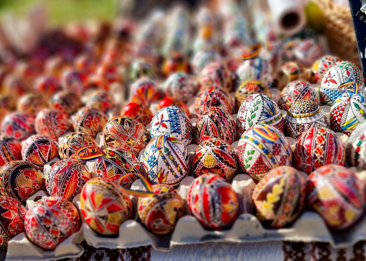 Colorful easter eggs on display at a market in Romania