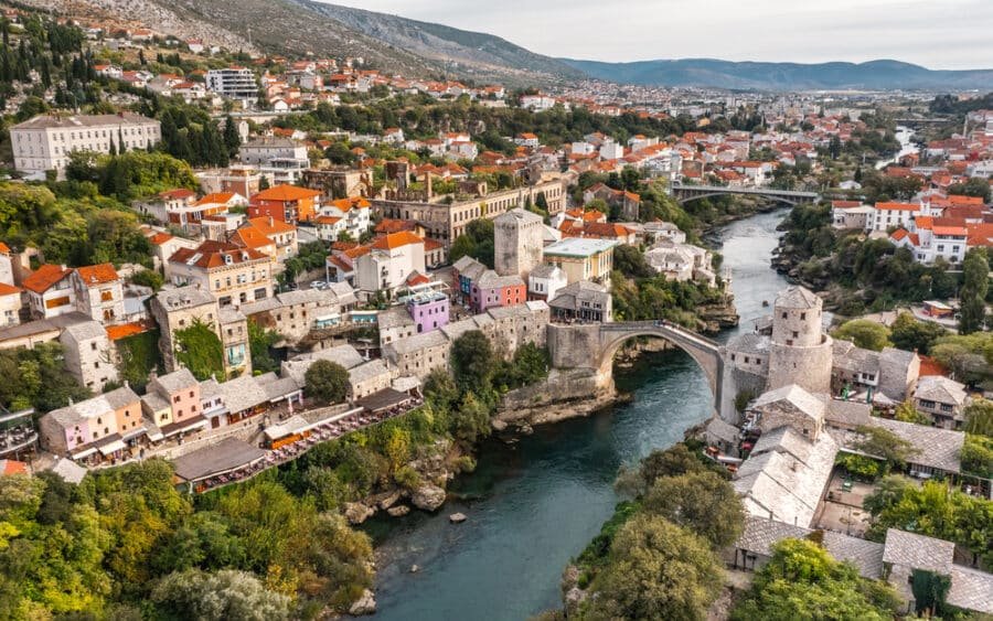 One day in Mostar - Aerial view of the old town of Mostar, Bosnia and Herzegovina.