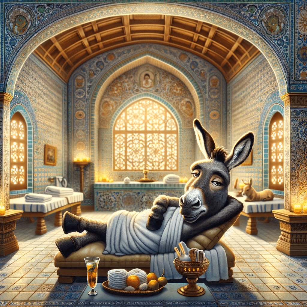 A donkey is lounging on a couch in a room while enjoying its visit to a hamam in Turkey.