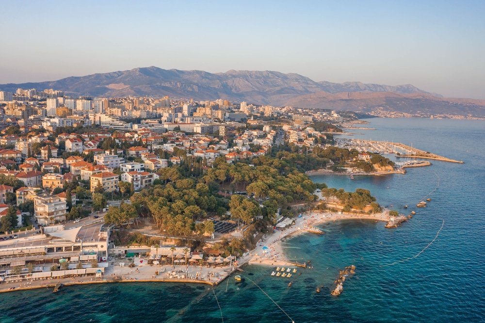 Aerial view of Ovčice Beach and the city of Split, Croatia.