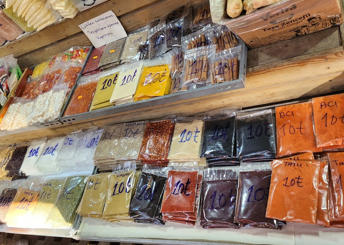 A display of Turkish spices at the Izmir Spice Market