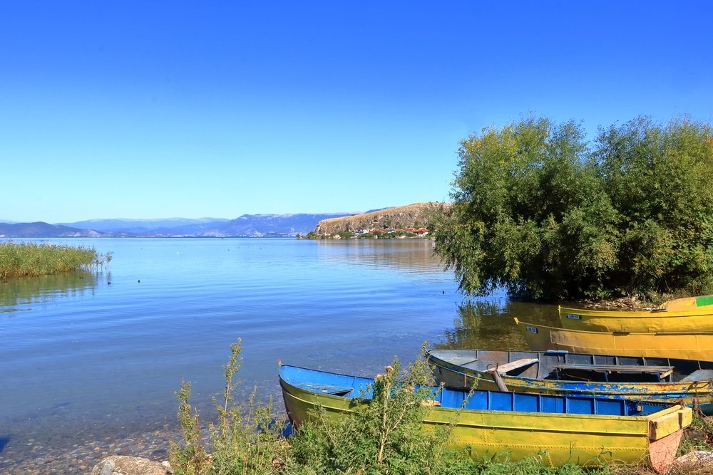 View of Lake Ohrid with fisherman boats near Lin in Albania