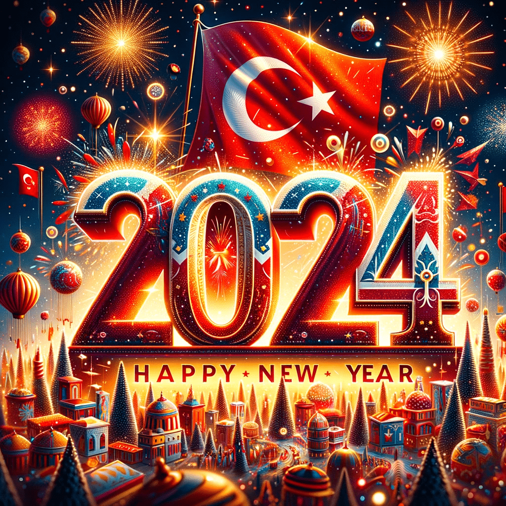 Celebrate Turkish New Year 2024 with fireworks and the Turkish flag.