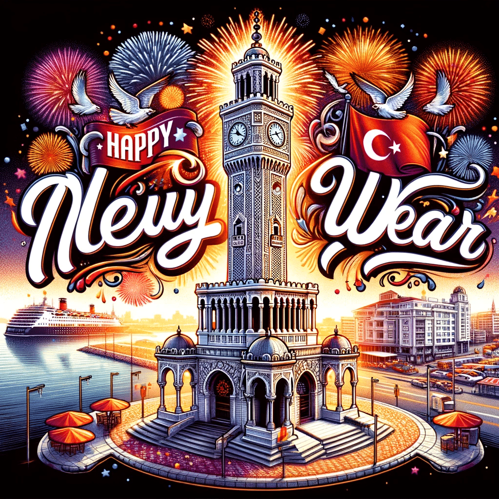 A clock tower celebrating the arrival of a happy new year in Turkiye.