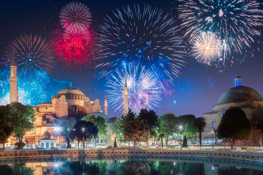 Celebrate New Year with fireworks over the Blue Mosque in Istanbul, Turkey.