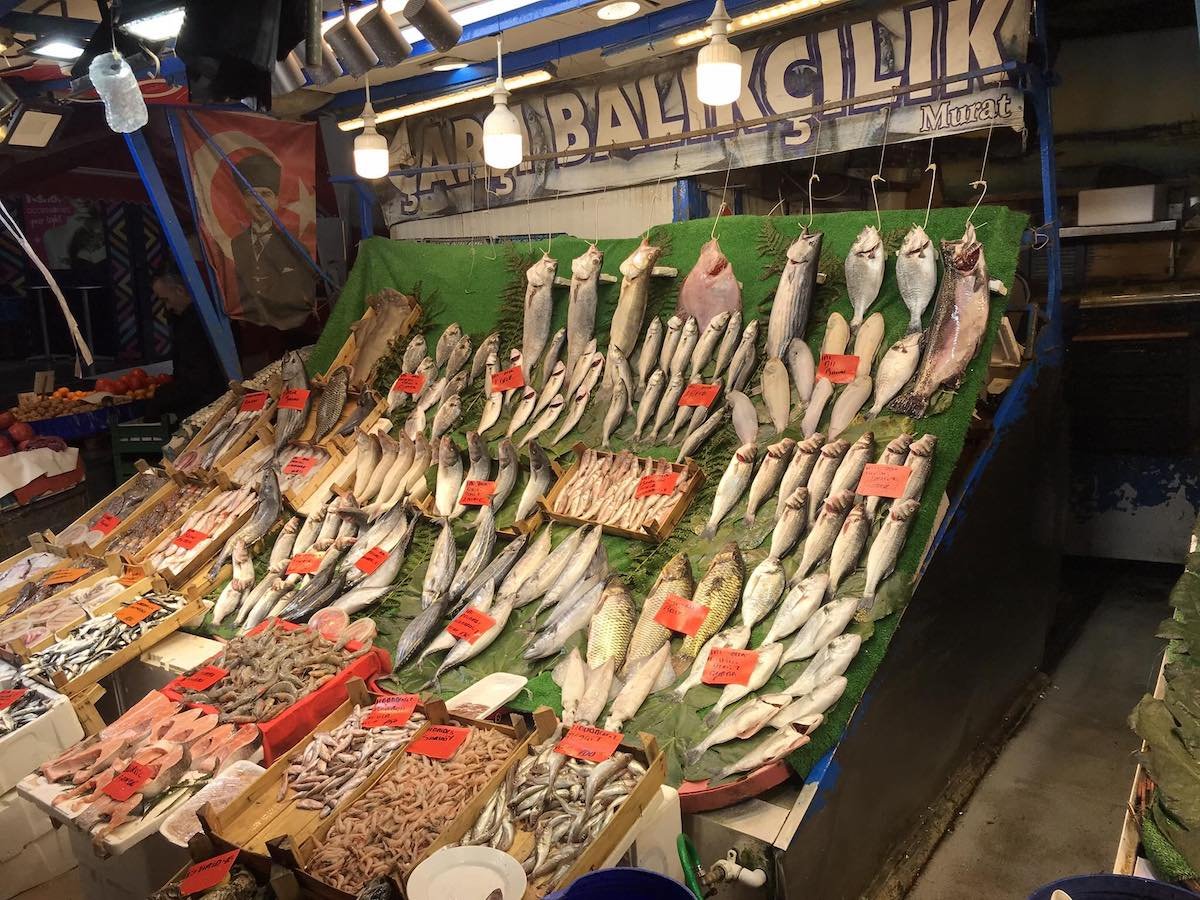 A fish market with a variety of fish on display.
