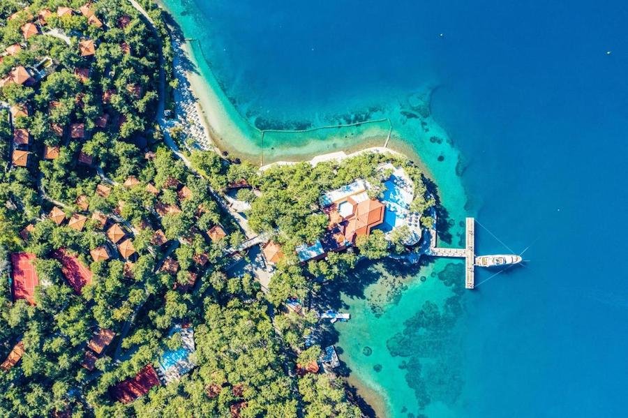 An aerial view of a Marmaris resort on the coast.