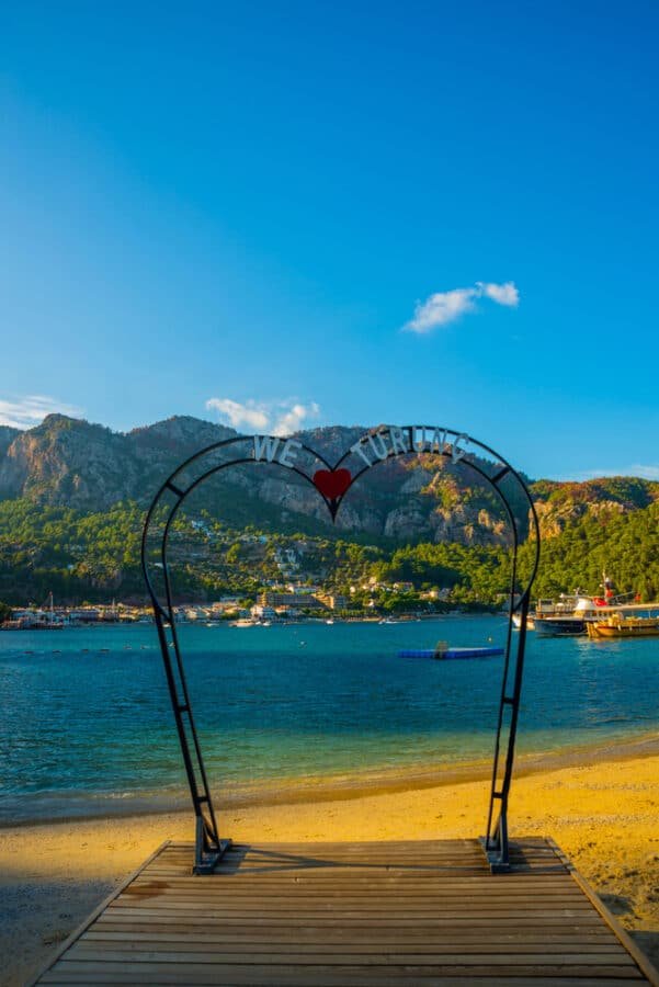 One of the best beaches in Marmaris - Turunç Beach features a stunning heart-shaped metal structure on its shore.