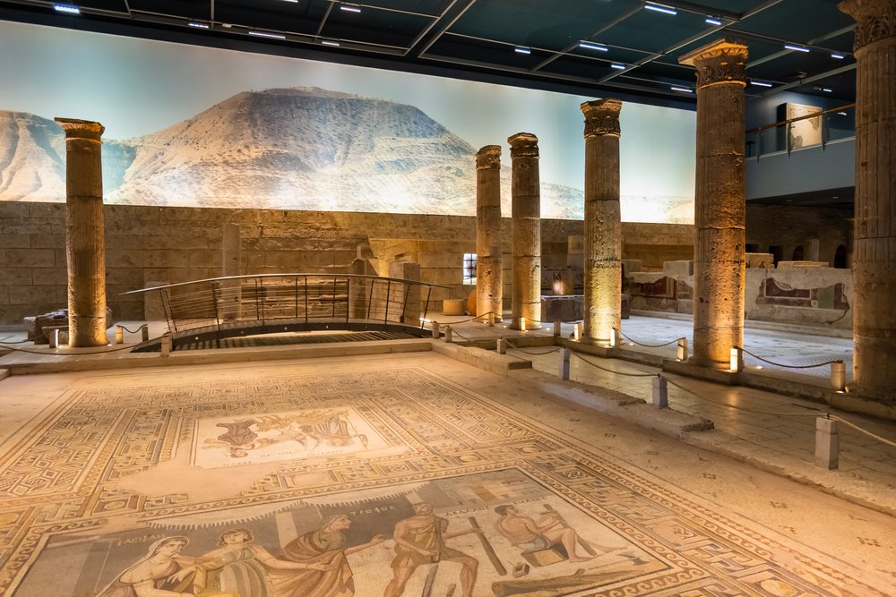 Visit a museum in Southeast Turkey featuring a mesmerizing mosaic floor and majestic pillars - Gaziantep, Turkey - April 2022: Zeugma Mosaic Museum