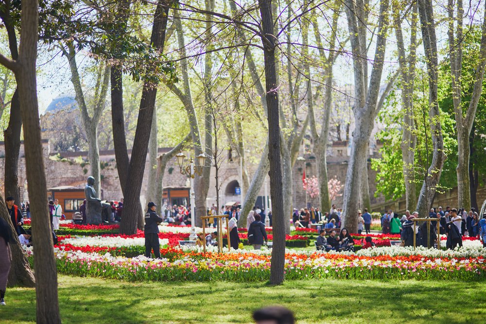 People walking in Gulhane park, a historical urban park in the Eminonu district of Istanbul, Turkey