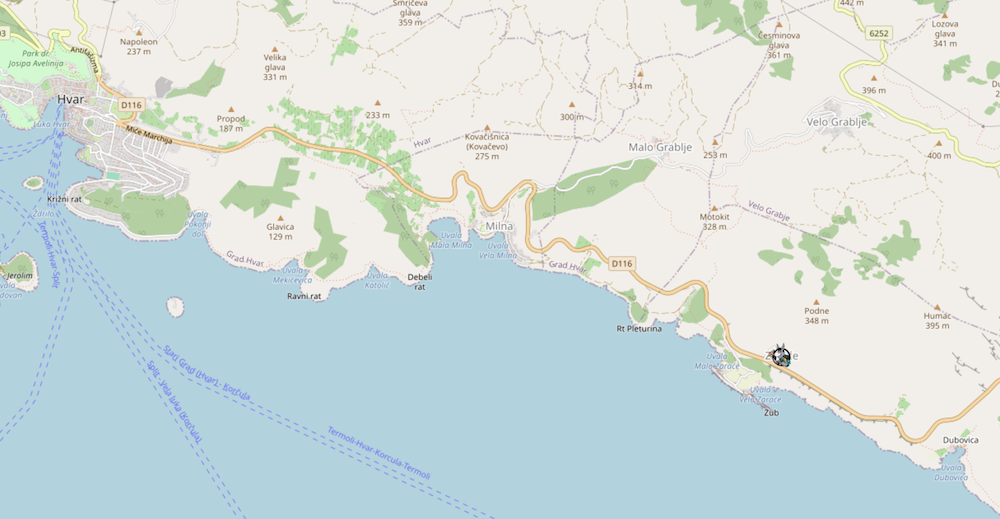 A map showing the location the Zarace Bay to Dubovica Beach Trek hiking on Hvar
