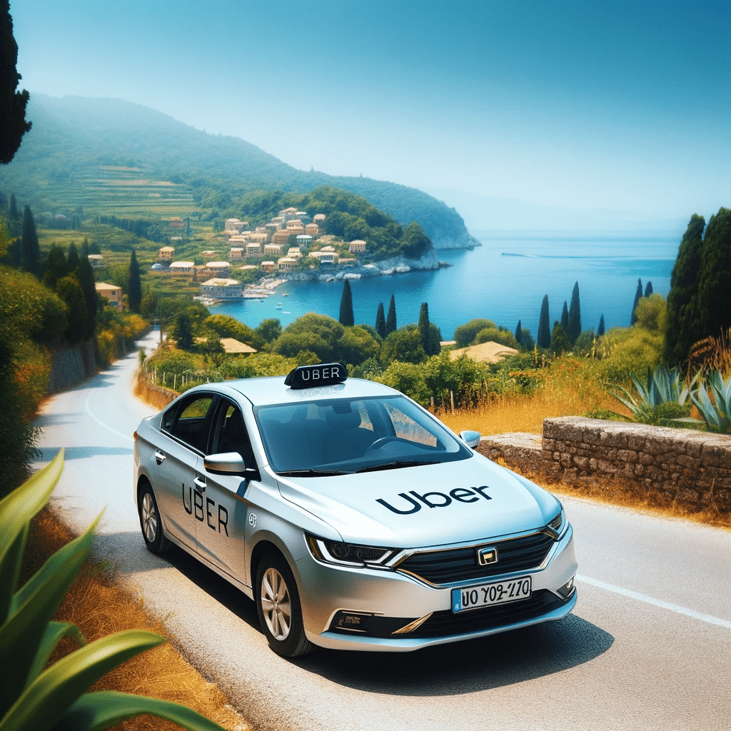 A silver uber car driving down a road near the sea in Corfu.