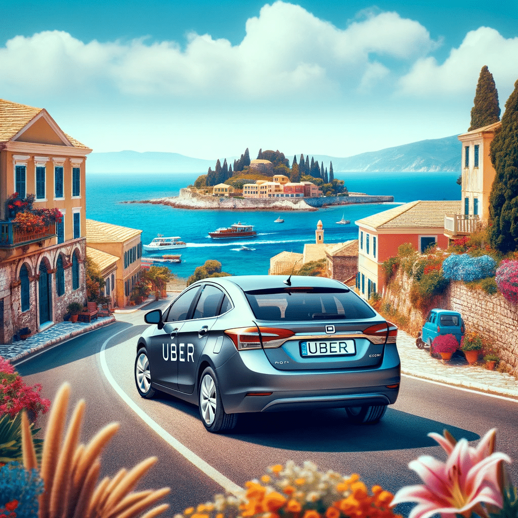 An uber car a car driving down a road on Corfu Island