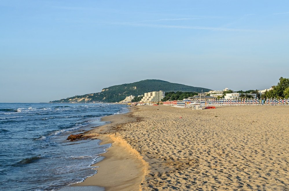 One of the best beaches in Bulgaria, this sandy beach is Albena, Bulgaria with golden sands, blue clear water, hotels.