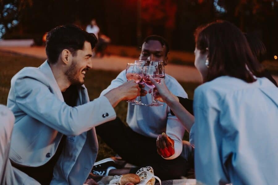 A group of friends toasting wine at a picnic in the park, enjoying the Izmir nightlife.