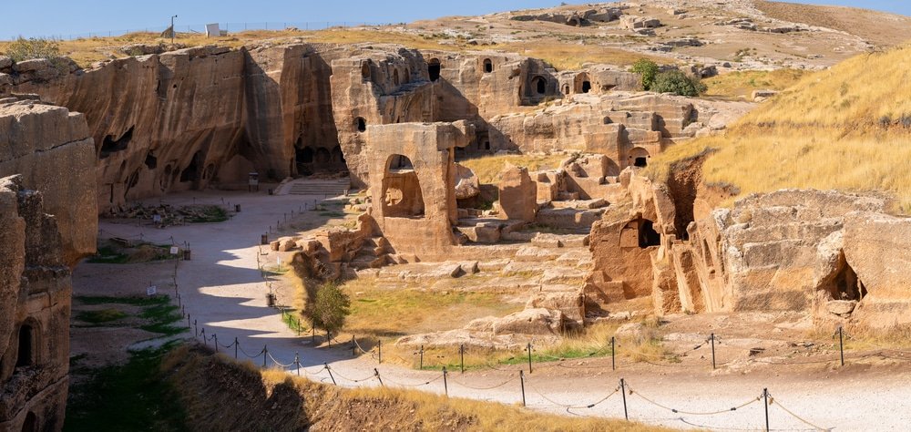 Panoramic ruins of rock cut building in Dara ancient city. Mardin, Turkey - 30 October 2023.