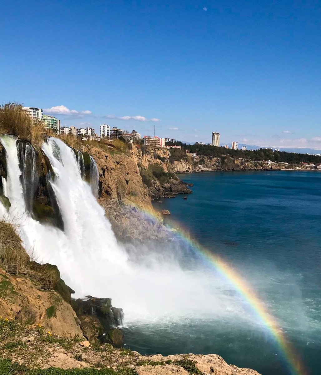 A rainbow is shining over Duden waterfalls, Antalya