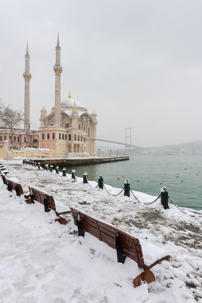 Snowy day in Ortakoy, at the Ortakoy Mosque in Istanbul.