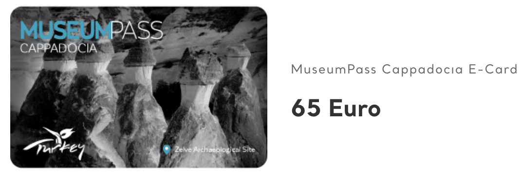 A Museum Pass Options cappadocia e-card advertisement displaying the price of 65 euro with an image of the distinctive fairy chimneys of Cappadocia in the background.