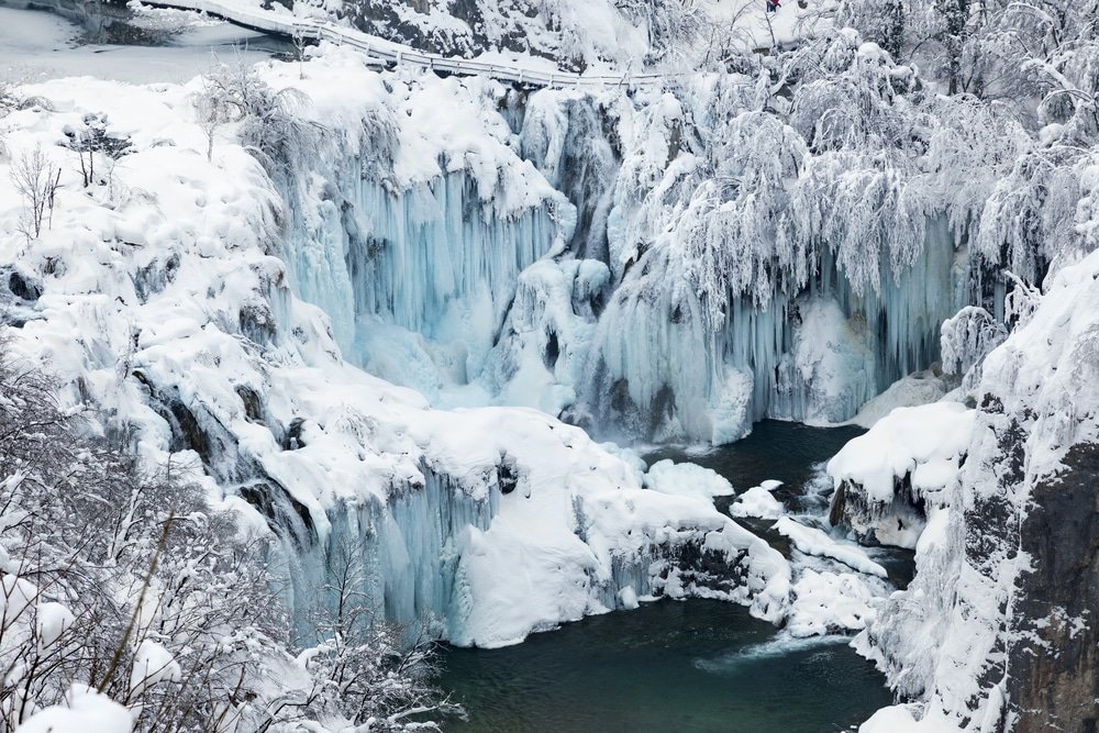 Snow in Croatia at Plitvice waterfalls, Croatia.