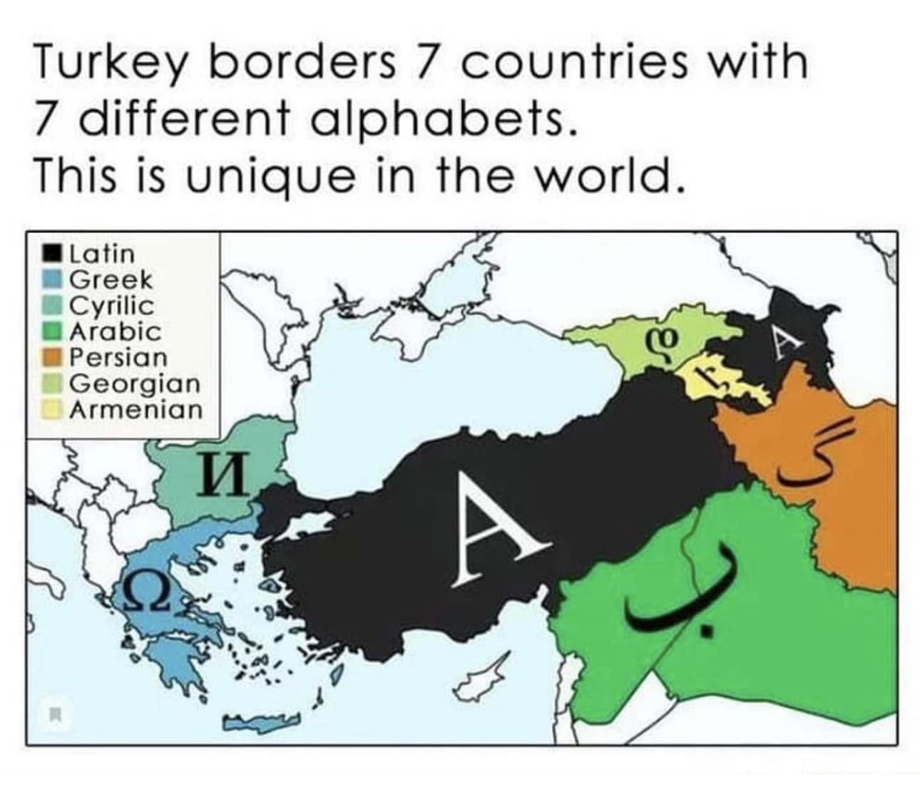 Map showing turkey and its seven neighboring countries, each highlighted in different colors and labeled with their respective alphabets, emphasizing the uniqueness of their scripts.