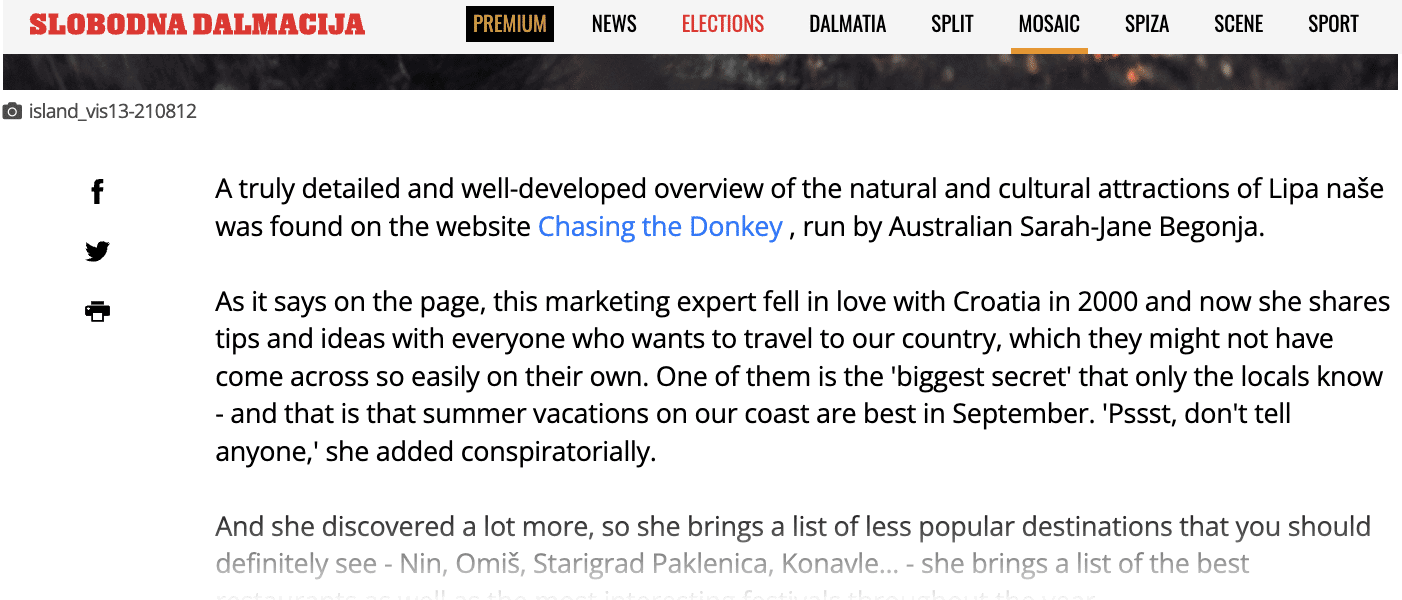 Screenshot of a blog with an article about the cultural and natural attractions of lipa beša, featuring a summary of its content.