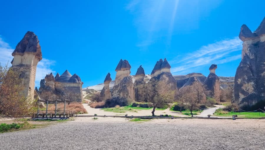 Unique rock formations known as fairy chimneys, set in a clear-skied, natural landscape with sparsely vegetated ground in Pasabag Valley, Cappadocia.