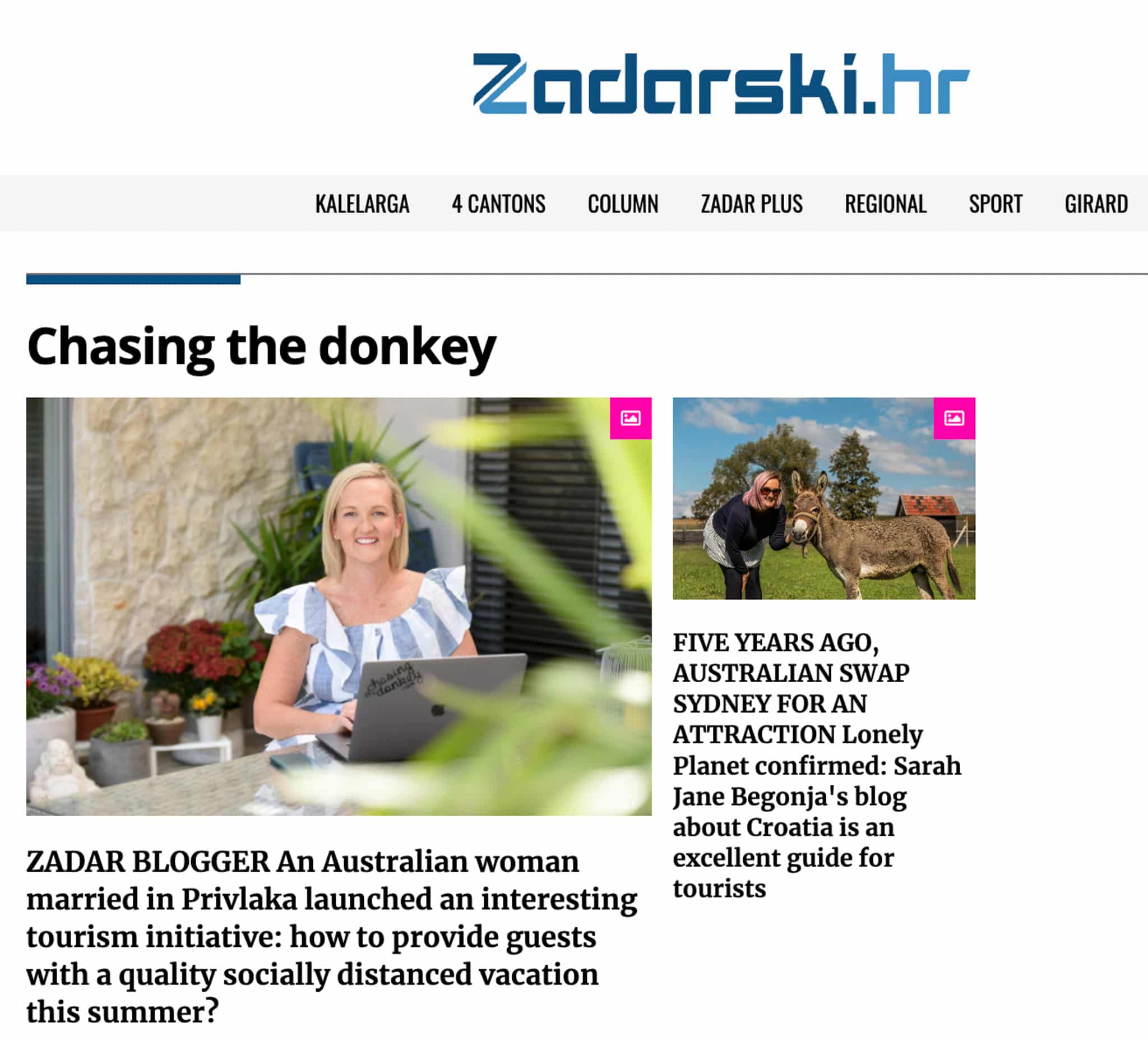 A woman using a laptop at a table, next to a headline about an Australian woman launching a blog in Privlaka, illustrated by an image of a woman chasing a donkey.