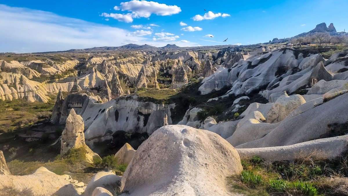 A panoramic view of Cappadocia's unique rocky Love Valley under a clear blue sky, with distinctive fairy chimneys in Goreme and scattered greenery.