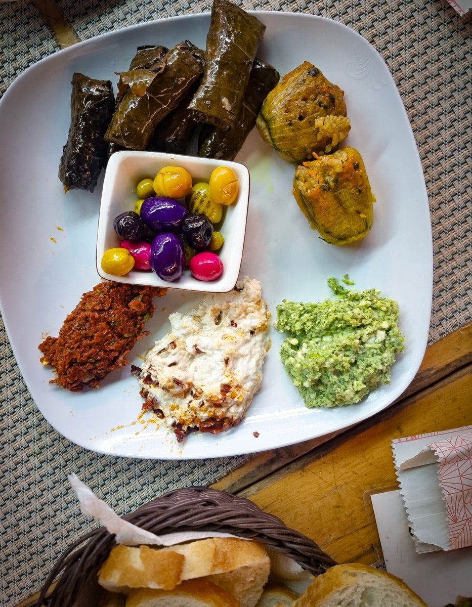A plate of Mediterranean appetizers including stuffed grape leaves, colorful olives, dips, and bread slices, viewed from above.