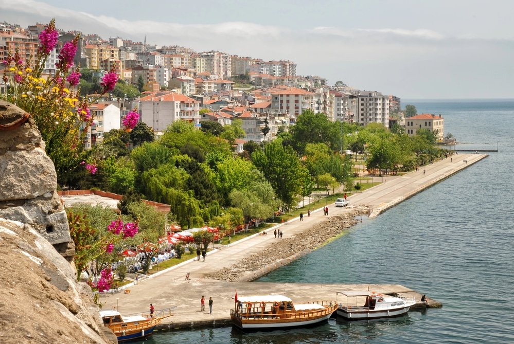 Sinop, Türkiye coastal cityscape featuring residential buildings on a hillside, a waterfront promenade, and docked boats with people walking along the shoreline and colorful flowers in the foreground. This scene encapsulates one of the most beautiful cities in Turkey, an undiscovered gem waiting to be explored.