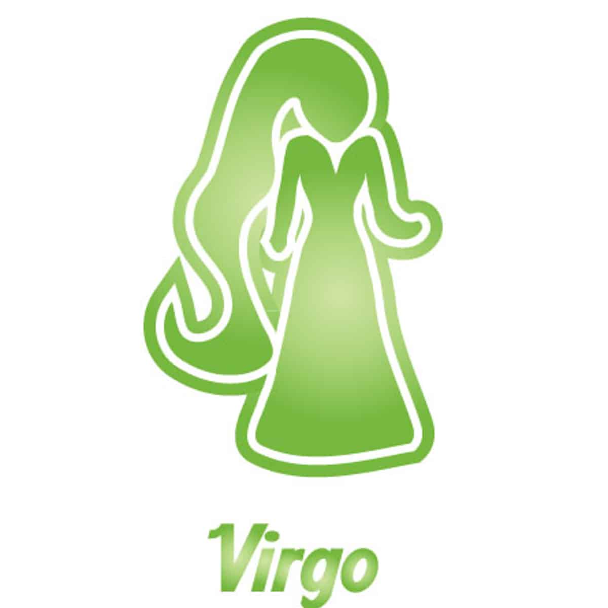 A green stylized illustration of the Virgo star sign, featuring a figure with long flowing hair and a dress. The word "Virgo" is written below.