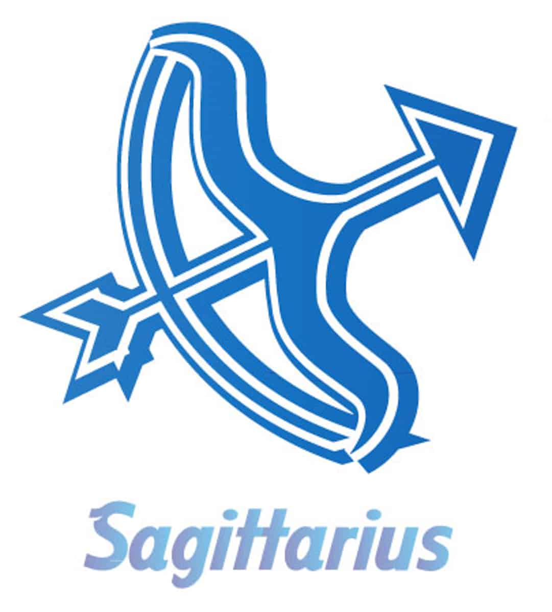 A blue Sagittarius zodiac sign symbol featuring a bow and arrow with the word "Sagittarius" written below it, perfect for those who dream of travel or are fascinated by this adventurous star sign.