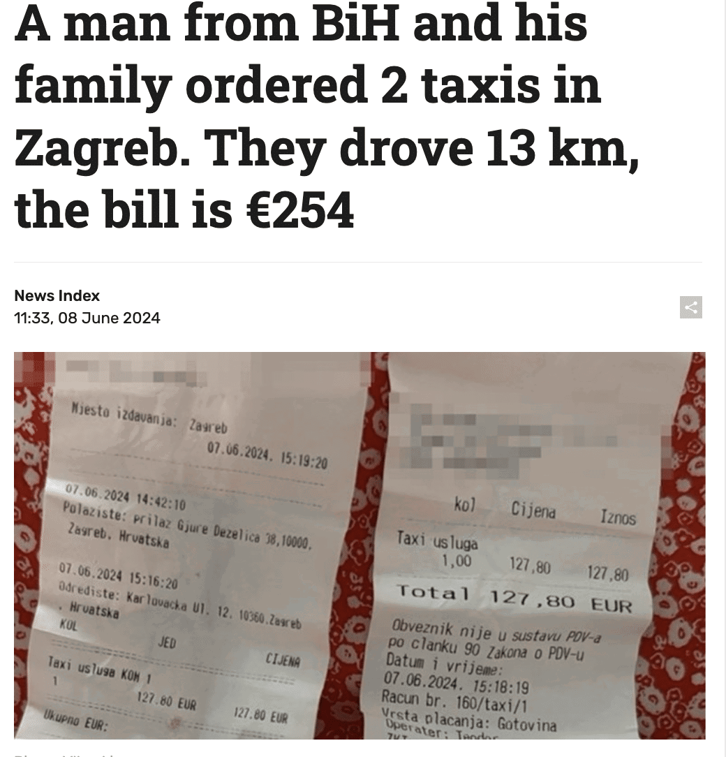 Taxi scam Croatia - Image showing a news headline about a man from BiH who paid €254 for a 13 km taxi ride in Zagreb. The photo includes two taxi receipts detailing the charges. For those looking to avoid such exorbitant fees, consider consulting an Uber in Croatia guide for more affordable transportation options.