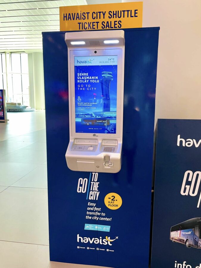 A kiosk for Havaist City Shuttle ticket sales in Istanbul, featuring a digital screen for convenient airport transport bookings.