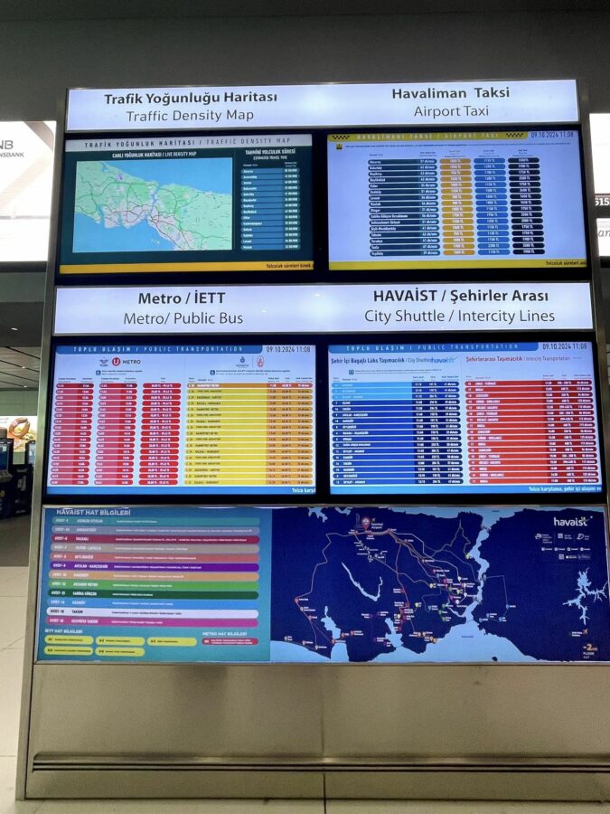 The flight status and transportation information board at Istanbul Airport provides details on traffic density, airport taxi services, metro/public bus options, city shuttles, and intercity lines—an essential guide for navigating Istanbul Transport seamlessly.