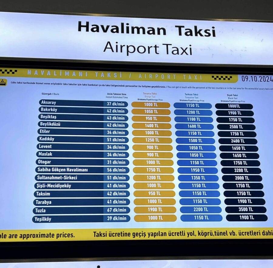 Istanbul Airport taxi fare chart detailing prices and distances to various destinations in Turkish lira as of October 9, 2024.