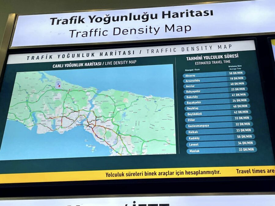 The traffic density map display features a detailed view of Istanbul, highlighting colored traffic routes and a list of estimated travel times, including options for Istanbul Airport transport to various districts.