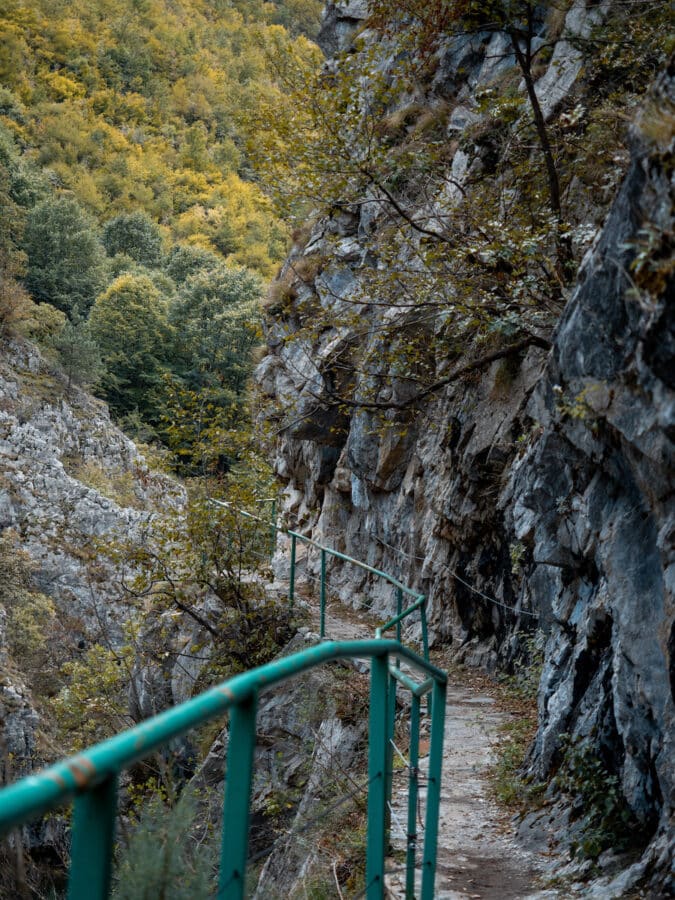 The narrow mountain path, featured in the Matka Canyon travel guide, winds through rocky cliffs with a metal rail, surrounded by lush greenery.