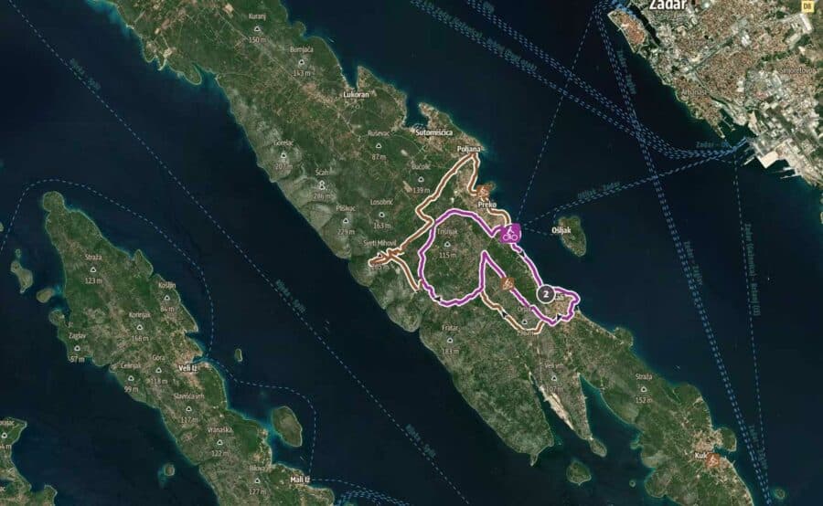 A cyclist's guide to island paradise: this satellite image reveals the intricate outline of jogging paths on an island near Zadar, surrounded by shimmering waters and nearby landmasses.