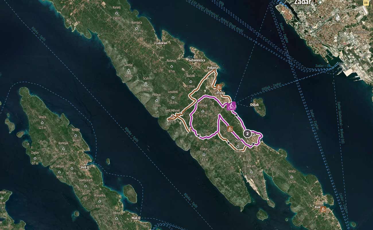 A cyclist's guide to island paradise: this satellite image reveals the intricate outline of jogging paths on an island near Zadar, surrounded by shimmering waters and nearby landmasses.